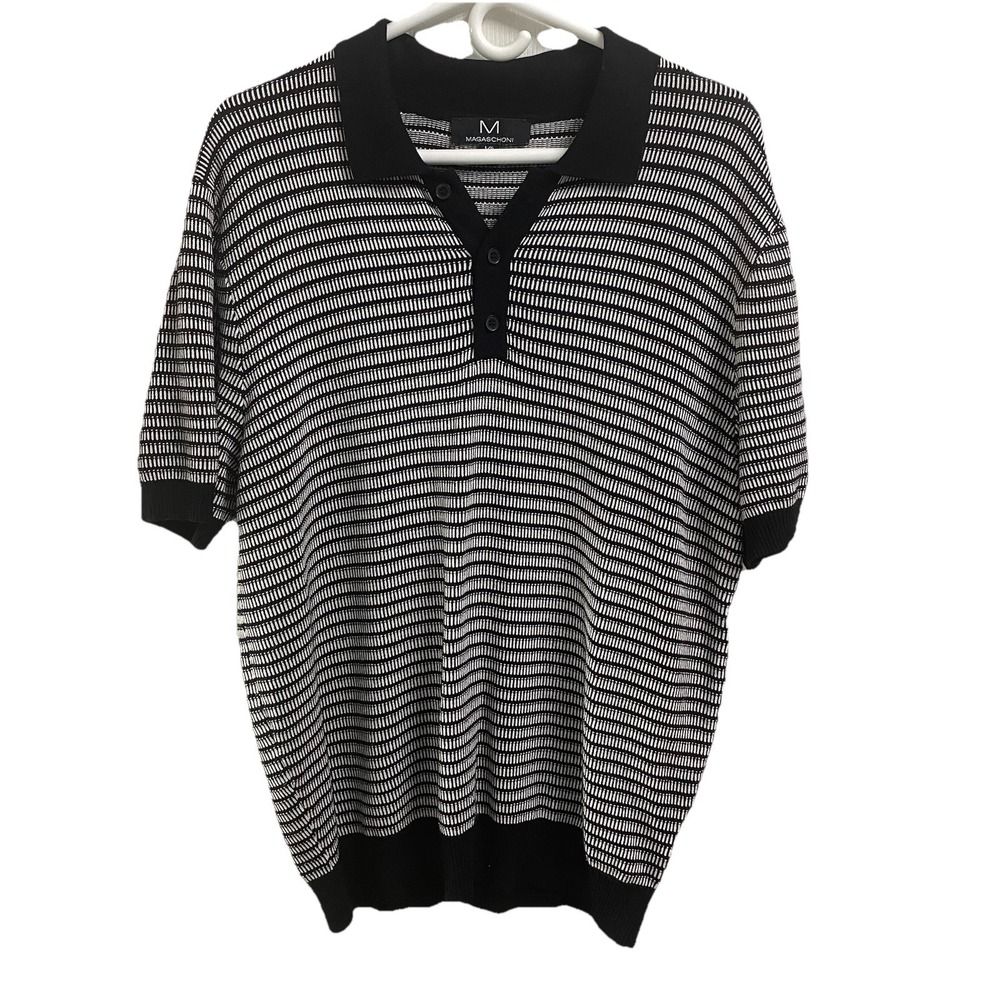 Magaschoni Men's Black&White Striped Dressy Soft Shirt Button Collar Sz. L EUC‎